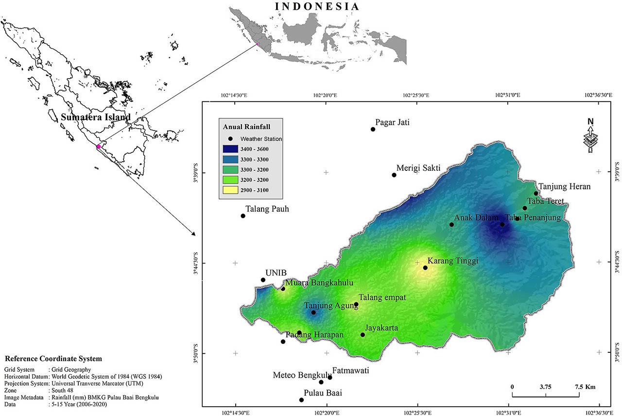 Spatial distribution of mean annual rainfall and stations used for calculating the rainfall erosivity and the erosivity density (ED) in Air Bengkulu watershed.