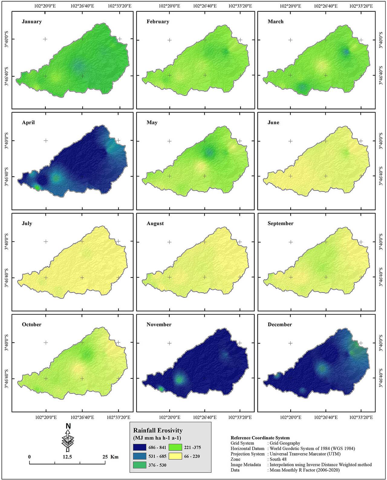 Map of monthly rainfall erosivity in the Air Bengkulu watershed (same range from 66 MJ · mm−1 · ha−1 · h−1 · a−1 to >841 MJ · mm−1 · ha−1 · h−1 · a−1) using the IDW interpolation method.