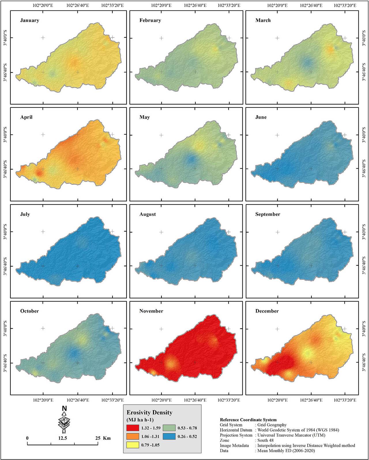 Map of monthly erosivity density (ED) of the Air Bengkulu watershed (same range from 00.26 MJ · ha−1 · h−1 to > 1.59 MJ · ha−1 · h−1) using the IDW interpolation method.