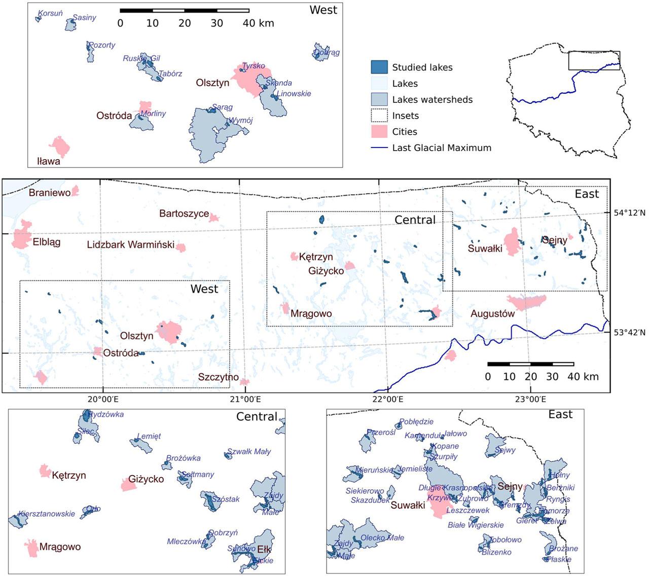 Location of lakes and extent of the watershed on the study area.