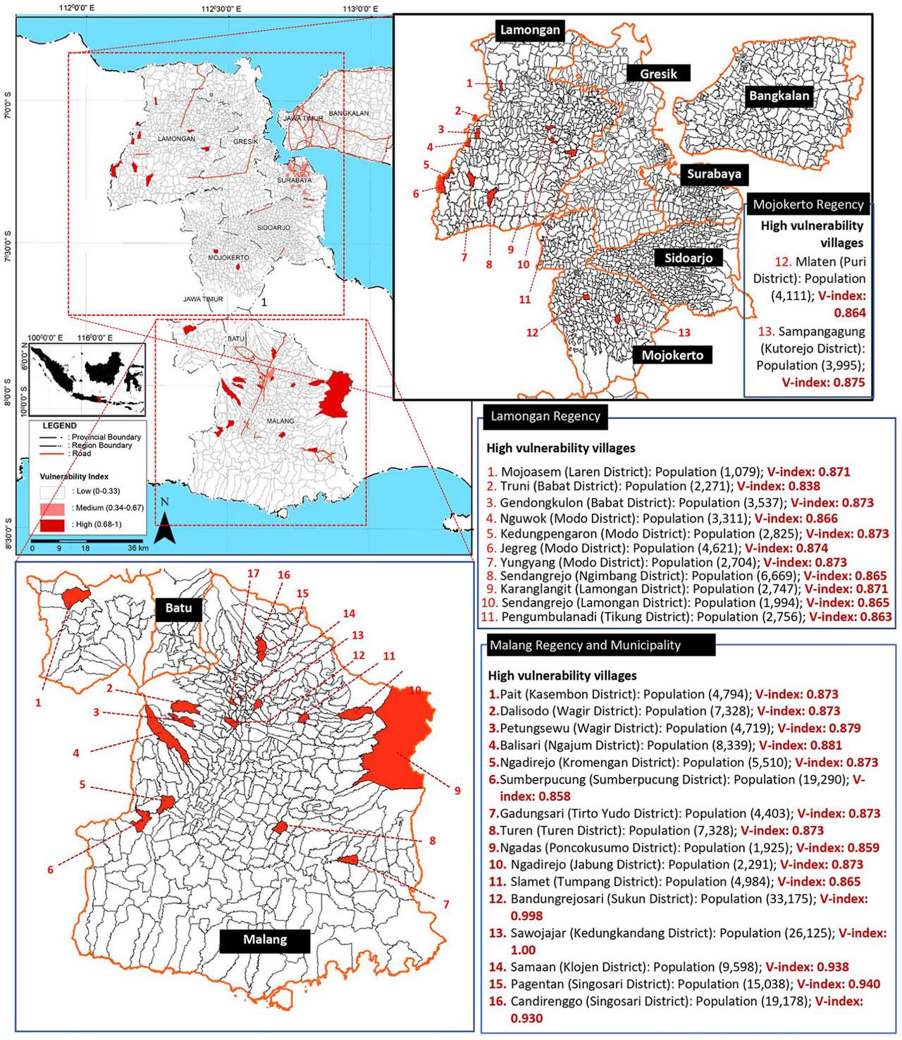 Villages in Greater Surabaya and Batu-Malang regency/municipality having a high vulnerability index.