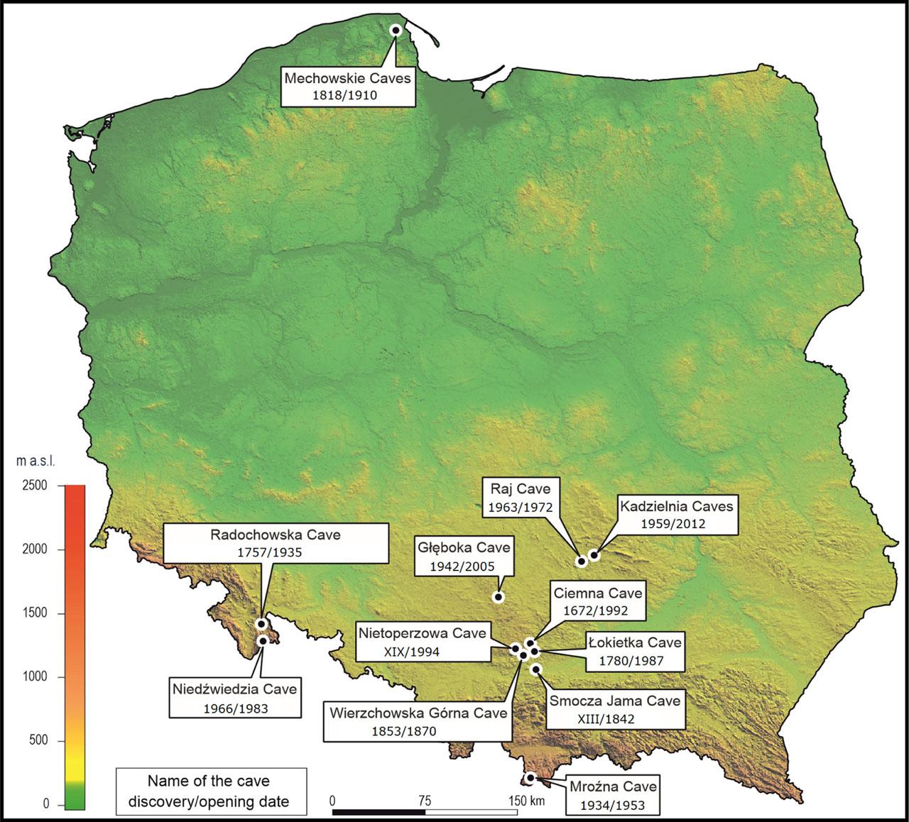Location of show caves on the digital elevation model of Poland.