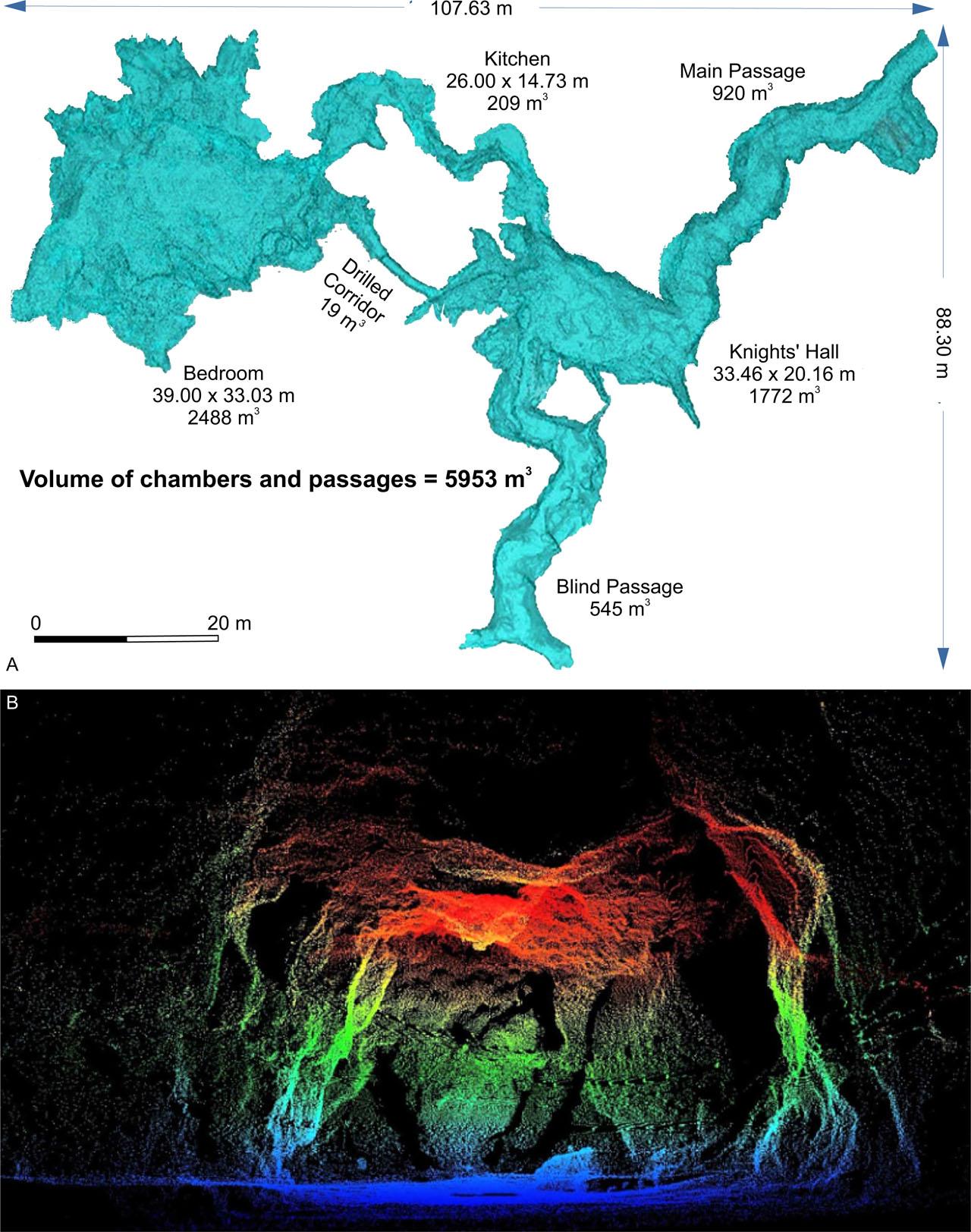 The Łokietek's Cave. A – Model 3D and dimensions of chambers and passages; B – Isometric projection of a section of the Knights’ Hall; projection composed of 357 terrestrial laser scanning (TLS) images; (Curtesy P. Wężyk – Laboratory of Geomatics, Faculty of Forestry, University of Agriculture in Kraków)