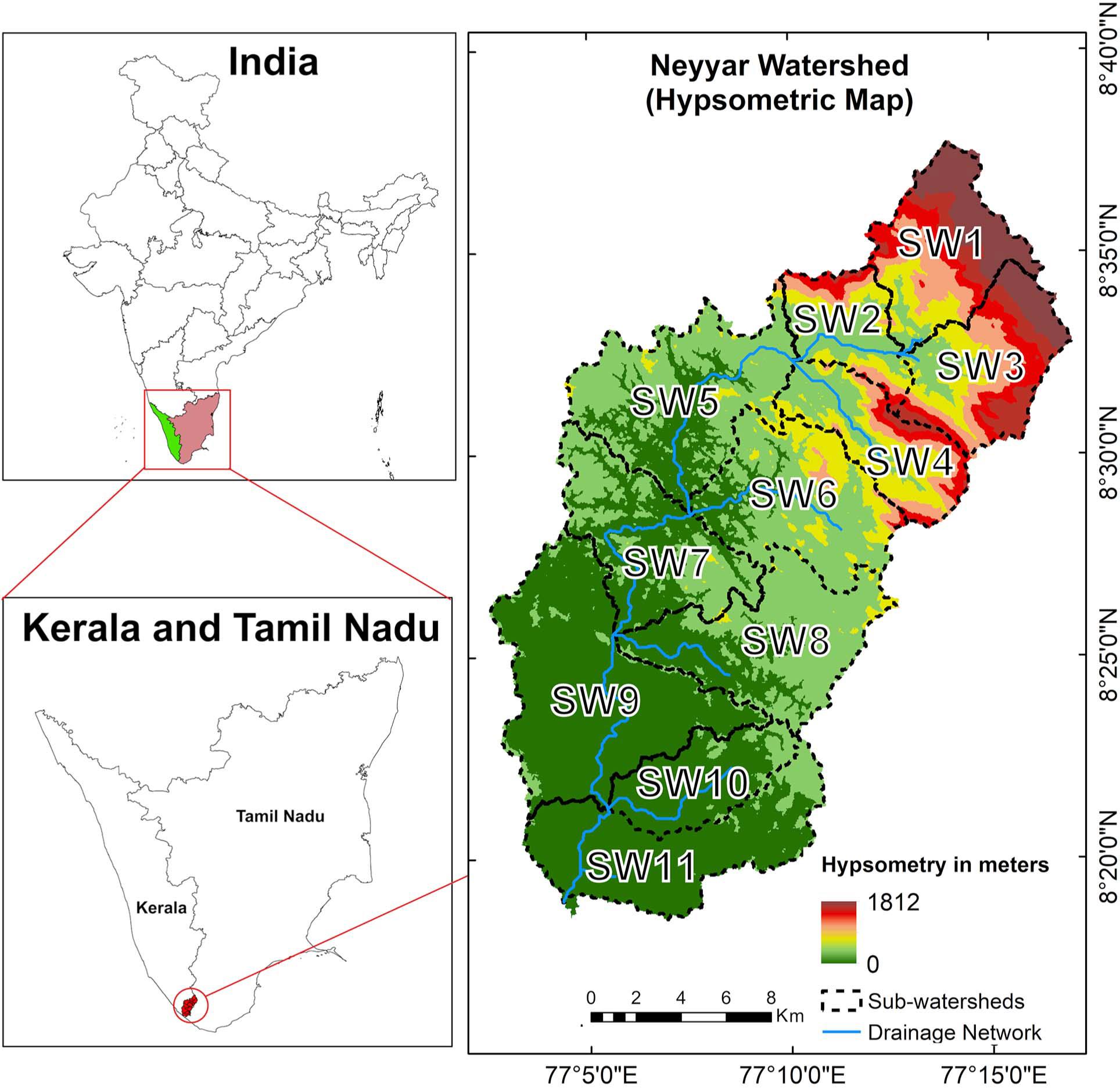 Location map and hypsometric map of the study area, Neyyar watershed.