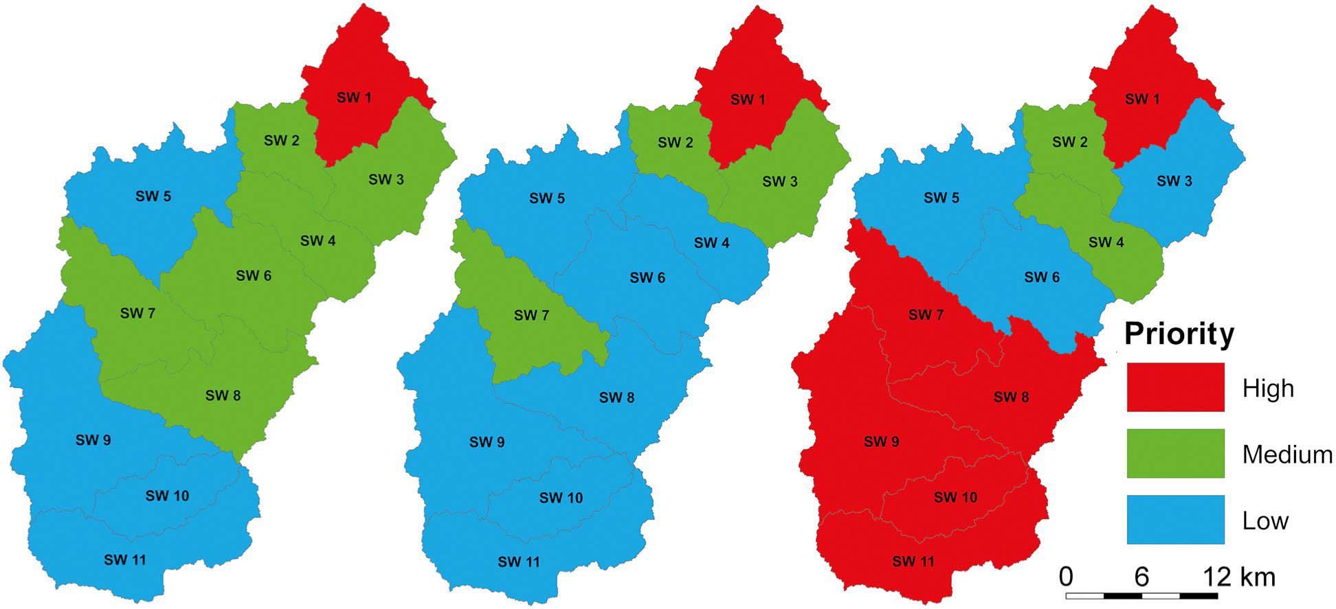 Priority of SWs based on three methods (A is morphometric analysis, B is PCA and C is hypsometric analysis). PCA, principal component analysis; SWs, sub-watersheds.