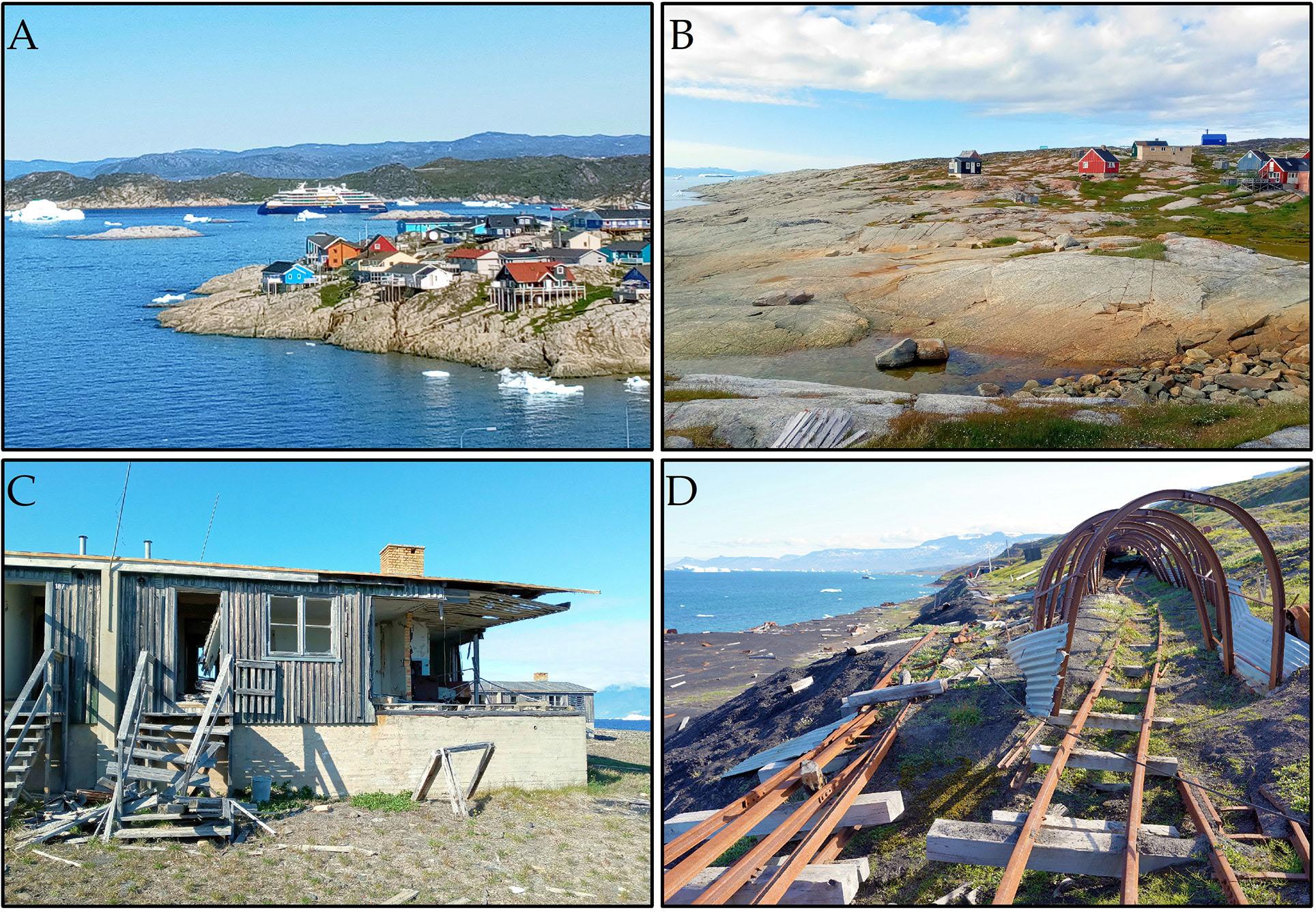 Coastal residential buildings in Greenland are exposed to the destructive activity of the sea: A – Ilulissat; B – Oqaatsut. Buildings of Qullissat were destroyed by the tsunami in 2000; C – Damaged residential building; D – Damaged mining infrastructure. Photo by M.Szczypińska (A, B, C), M.Kasprzak (D).