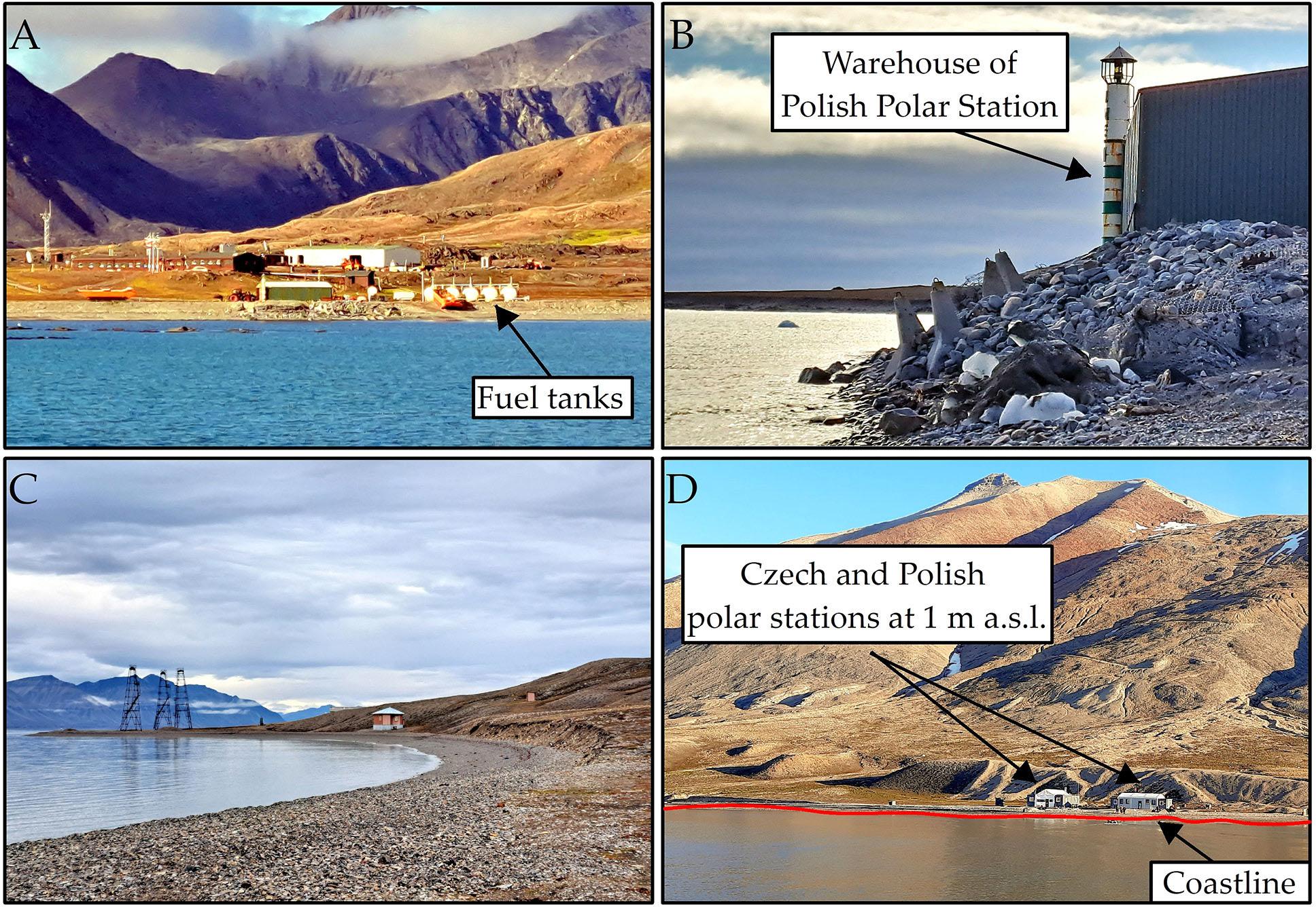 Examples of coastal buildings and facilities in Svalbard vulnerable to damage due to their location: A – The Polish Polar Station buildings and facilities on the northern, eroding coast of Hornsund; B – The warehouse of the Polish Polar Station, as a result of long-term erosion of the Hornsund coast, is now on the edge of the land. Its southern wall has already been reinforced several times to prevent damage to the building; C – The remnants of 20th century mining activities are still visible in the landscape of Spitsbergen; D – Polish and Czech polar station buildings located ca. 25–30 m from the coastline at the bottom of Pyramiden Hill. The photo was taken from Petuniabukta Bay. Photo by Z.Owczarek (A, B, C), O.Kostrzewa (D).