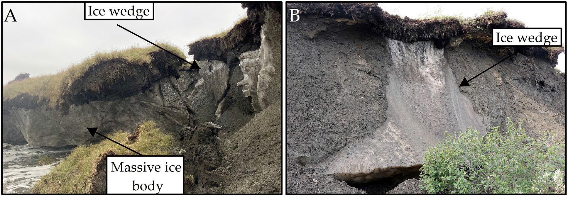 Coasts with visible ice wedges and massive ice bodies: A – Alaska; B – Yukon. Photo by L.Farquharson (A), M.Lim (B).