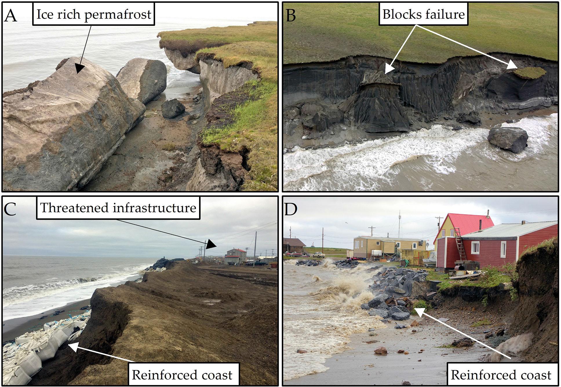 Blocks failure caused by thawing permafrost: A – Alaska, B – Yukon. Coastal infrastructure threatened by coastal erosion: C – Alaska, D – Yukon. Nowadays, coastal strengthening can be encountered to slow down erosion processes. Photo by L.Farquharson (A, C), M.Lim (B, D).