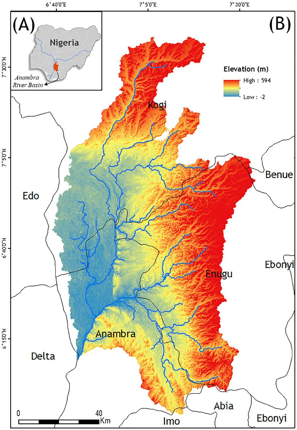 Map of Nigeria showing the location of the Anambra River Basin (A). Map of the Anambra River Basin showing the relief pattern and state boundaries (B).