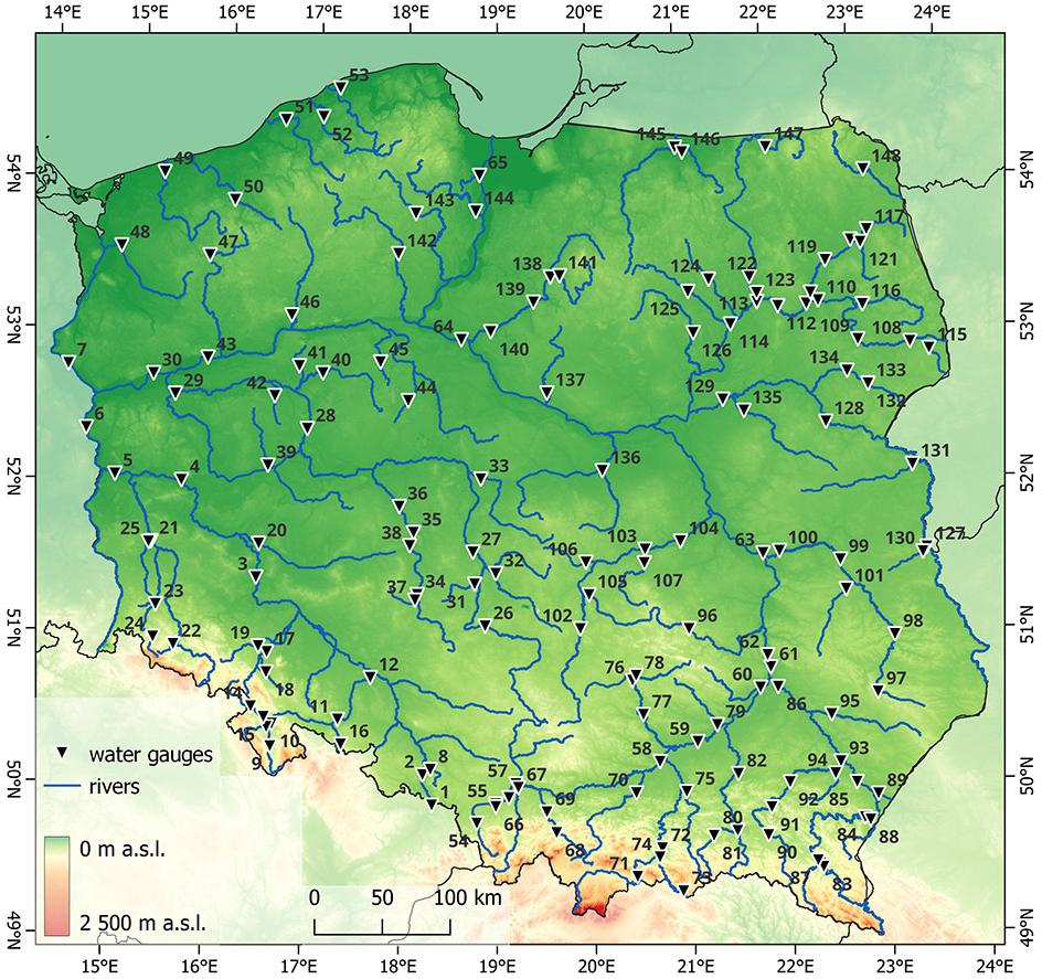 The location of water gauge stations on rivers studied in Poland (based on data from IMGW-PIB; numbering in accordance with Appendix 1).