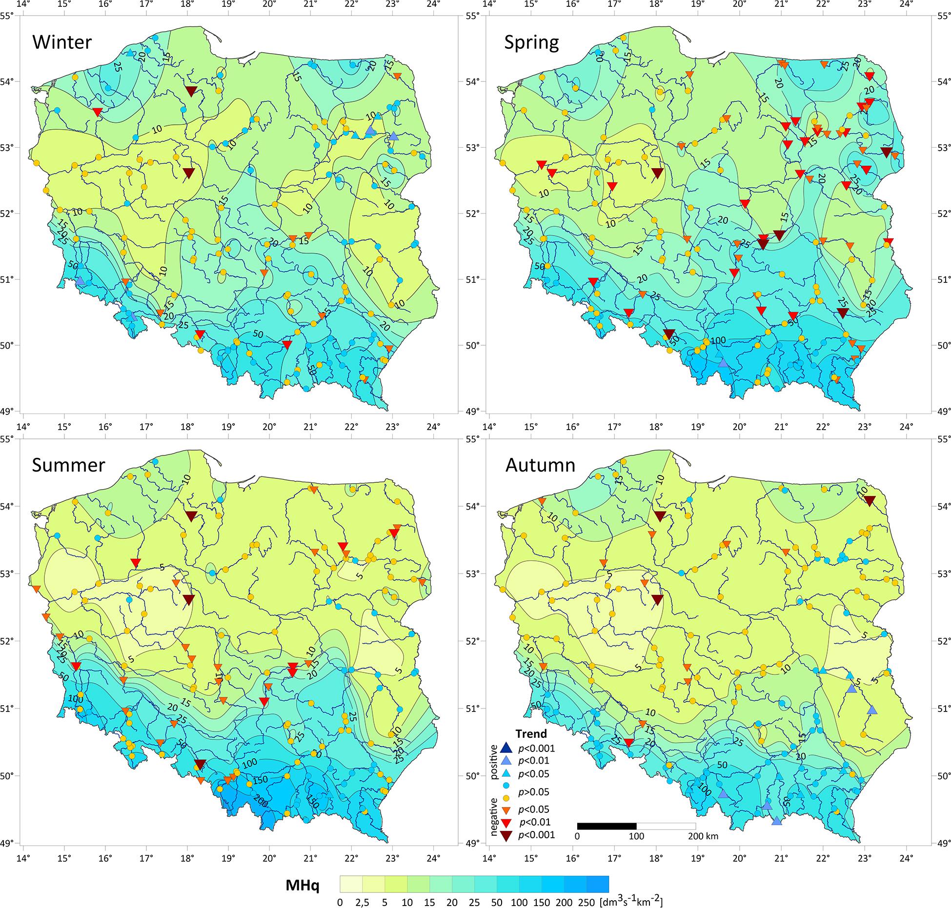 Percent share of trends with a defined statistical significance (p) in analysed series of monthly, seasonal and annual maximum discharge from 1951 to 2020.
