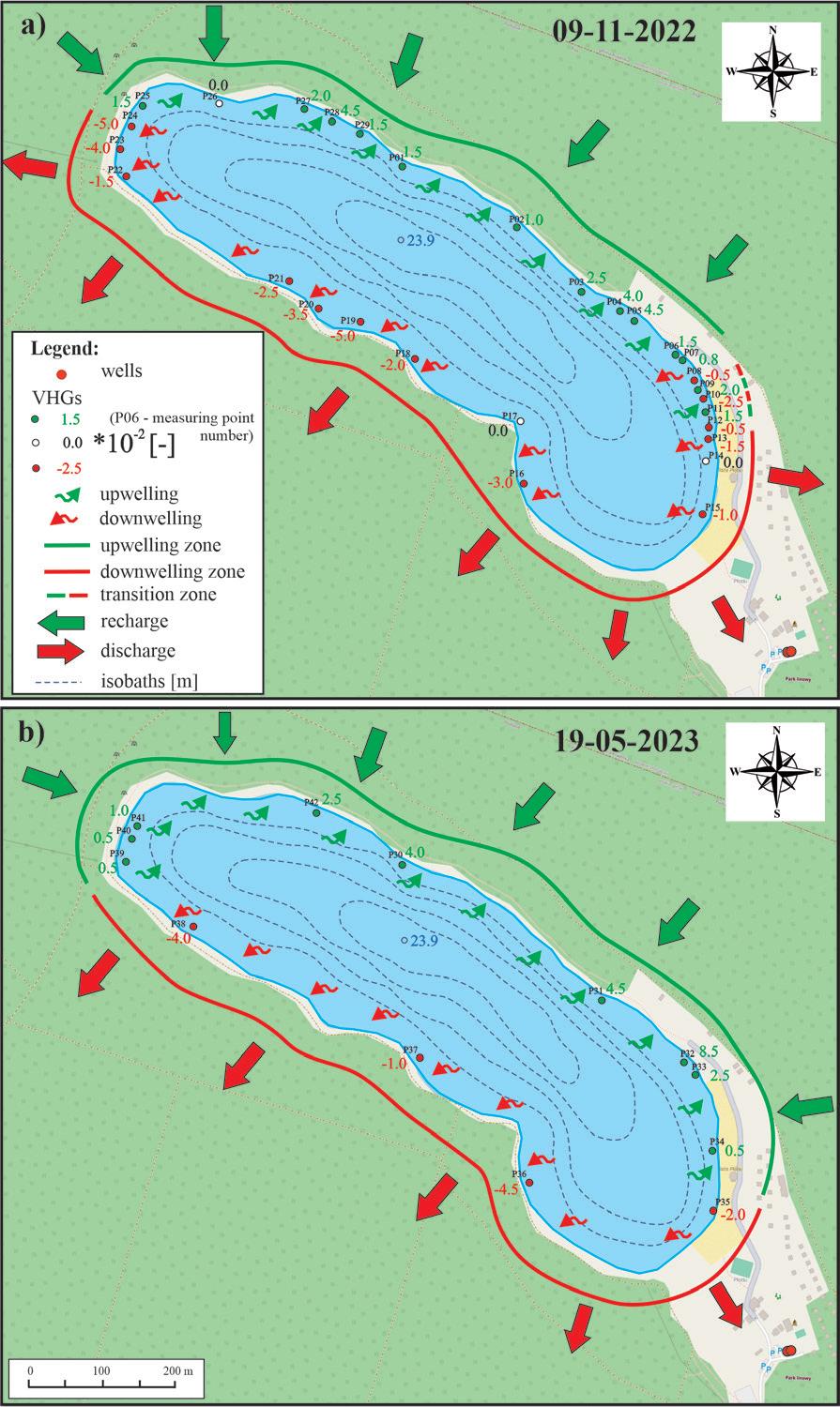 Spatial distribution of VHGs in the Lake Płotki shoreline zone: A – in November 2022; B – in May 2023. Isobaths according to Jańczak (1996). VHGs, vertical hydraulic gradients.