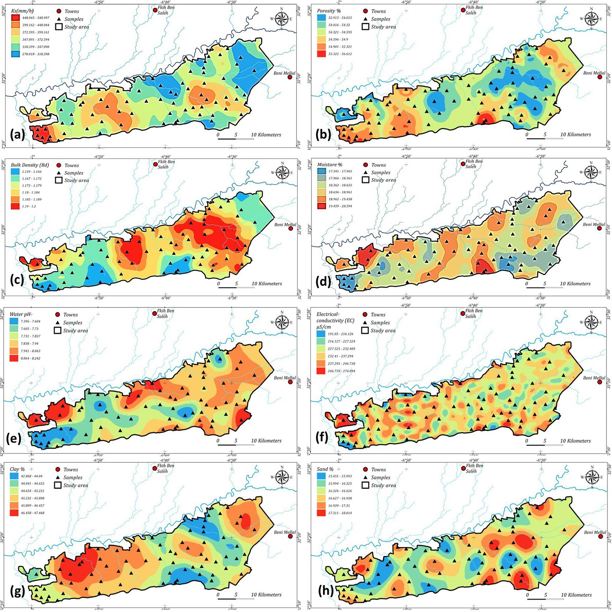 Kriging maps produced for Beni Moussa irrigated perimeter: (a) – saturated hydraulic conductivity Ks(mm · h−1); (b) – porosity%; (c) – bulk density; (d) – moisture%, (e) – pH water; (f) – electrical-conductivity (μs · cm−1); (g) – clay (%); (h) – sand (%).