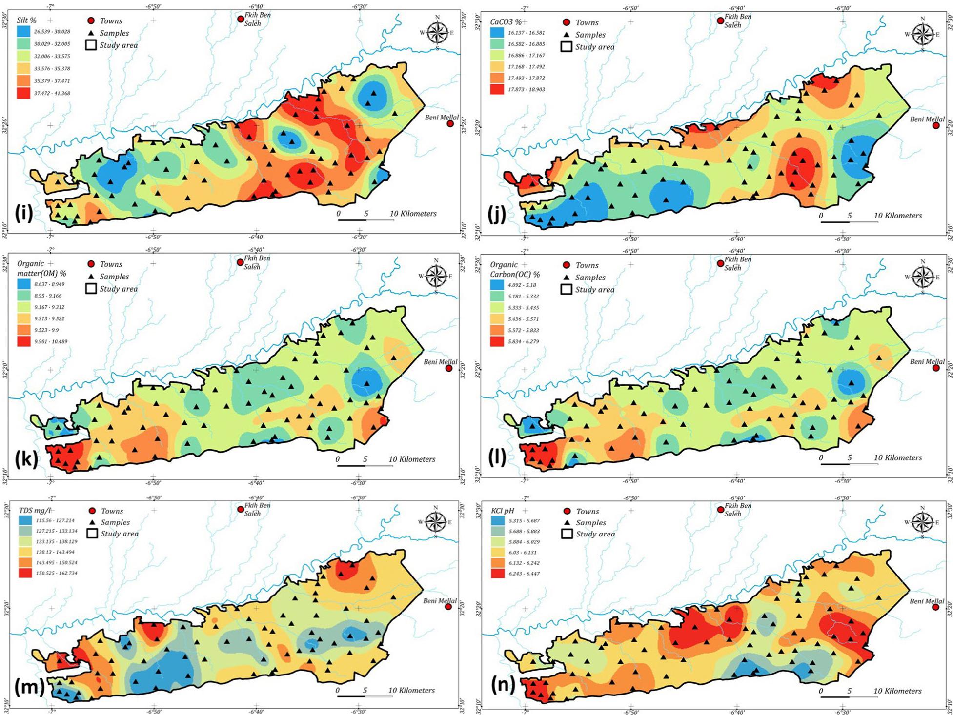 Kriging maps produced for Beni Moussa irrigated perimeter: (i) – silt (%); (j) – carbonate de calcium CaCO3 (%); (k) – organic matter (%); (l) – organic carbon. (m) – total dissolved solids and (n) – pHKcl.