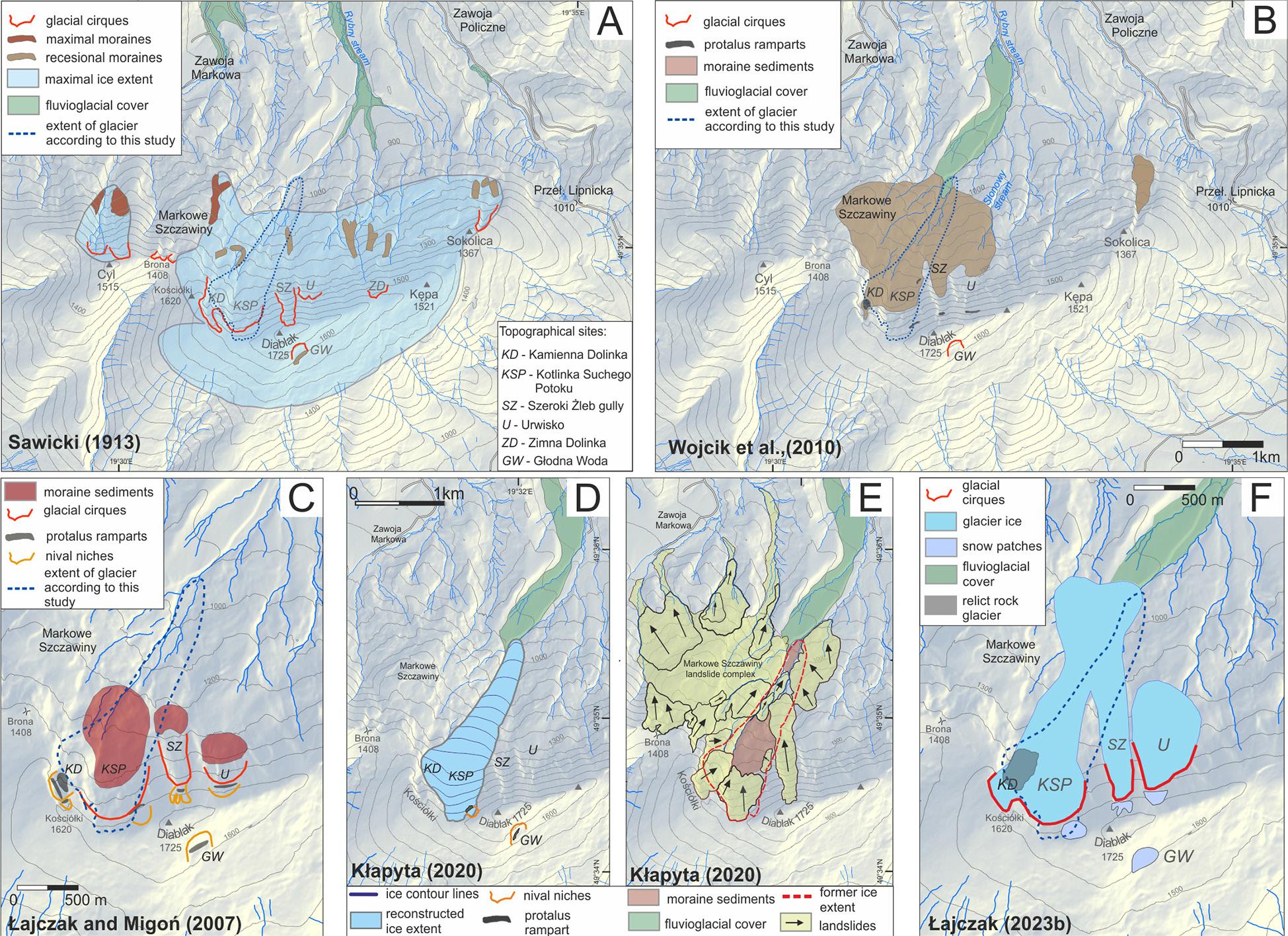 The extent of glaciation in the Babia Góra massif according to previous studies. The extent of the Szumiąca Woda glacier presented in this study is marked with blue dashed lines. A – first geomorphological map of the Babia Góra massif according to Sawicki (1913). B – extent of moraine deposits according to Wójcik et al. (2010). C – extent of glacial and periglacial features according to Łajczak and Migoń (2007). D and E – reconstruction of glacier geometry and extent of moraines and landslide deposits according to Kłapyta (2020). F – extent of glaciers and snow patches during the last glaciation according to Łajczak (2023b).