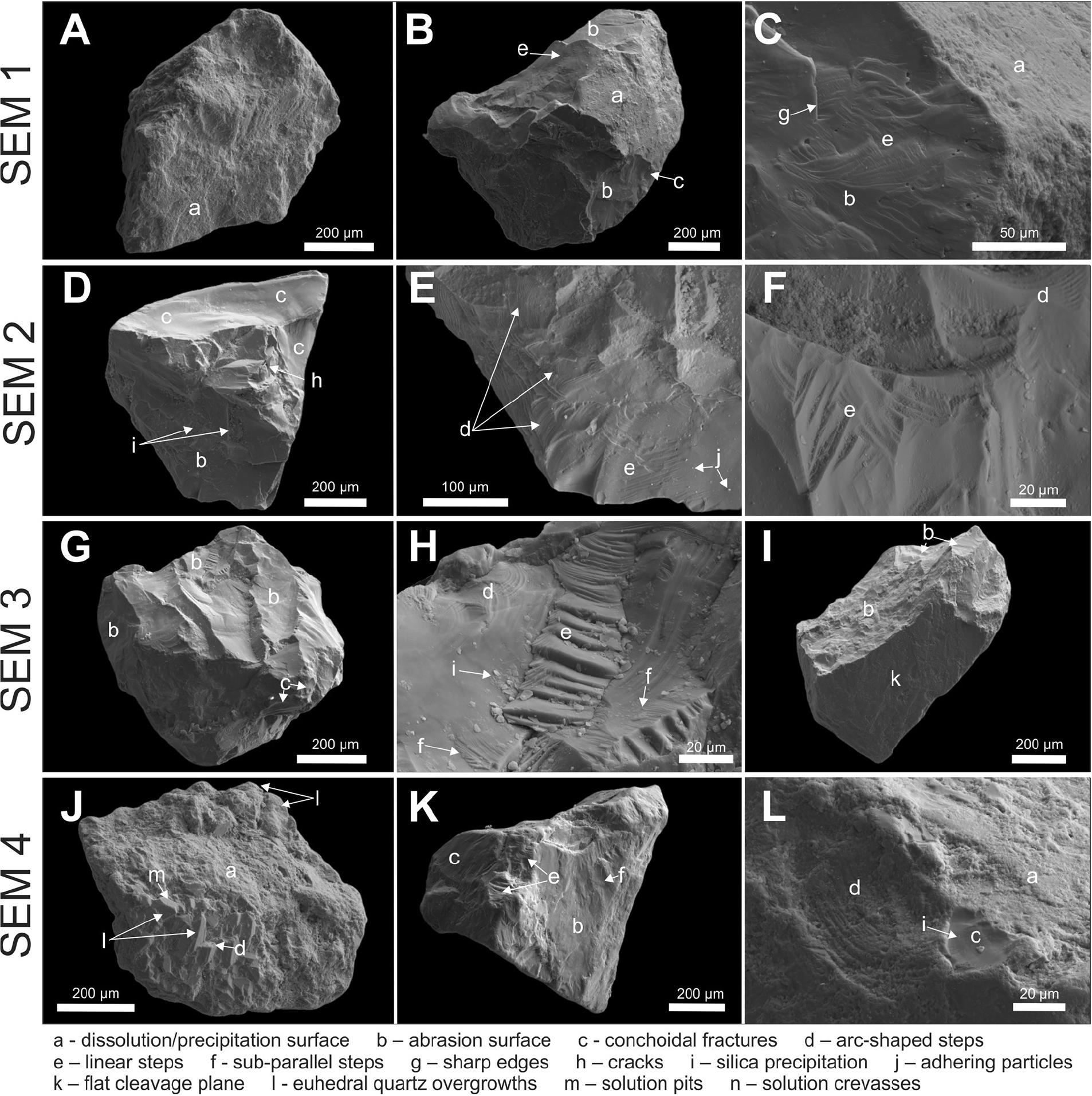 Micrographs of quartz grains: A – subrounded grain with medium relief and chemically weathered surface; B – subrounded grain with high relief and dissolution/precipitation surface overprinted by mechanical weathering; C – the contact zone between the older chemically weathered surface and younger abrasion surface of large fracture; D – angular grain with high relief and fresh surface. The grain is considered crushed during glacial transport due to almost complete reshaping of its surface by large conchoidal fractures and other abrasion features; E – details of abrasion features of the grain shown in D; F – details of probably older abrasion features. Edges of the fractures are slightly rounded, and precipitation features are frequent; G – glacially abraded/crushed grain with high relief and fresh surface. Elongated depressions created probably along the crystals’ contacts and numerous abrasion features are interpreted as the effects of glacial abrasion; H – details of the upper part of the grain in G showing the irregular abrasion patterns; I – angular grain with high relief. Abrasion surfaces are of different freshness – more weathered and probably older (upper left), adjoin fresh and sharper ones (top centre). The flat cleavage plane propagated along the crystal structure and is the most weathered; J – subrounded grain with medium relief and euhedral quartz overgrowths of different freshness, which are slightly altered due to chemical etching and mechanical weathering; K – subrounded grain with high relief. Although grain represents in situ slope covers, many abrasion features can be seen. They are subordinate to large conchoidal fractures and possibly arise during the separation of grain from the host rock; L – arc-shaped steps covered by solution/precipitation features. The relief is rejuvenated by a relatively fresh conchoidal fracture, which is slightly etched and precipitated by amorphous silica.