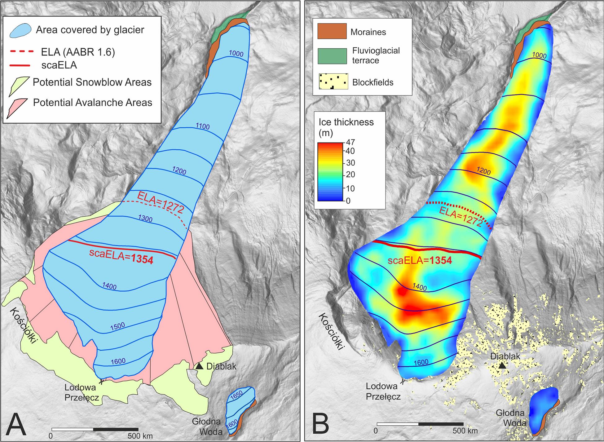 Glacier and equilibrium line altitude (ELA) reconstruction of the paleoglacier in the Szumiąca Woda valley and snow-ice body in the Głodna Woda area. A – distribution of potential snowblow areas and potential avalanche areas of the Szumiąca Woda palaeoglacier. The position of ELA area altitude balance ratio (AABR1.6) and scaELA are marked in dashed and solid red lines, respectively. B – glacier thickness of the palaeoglaciers.