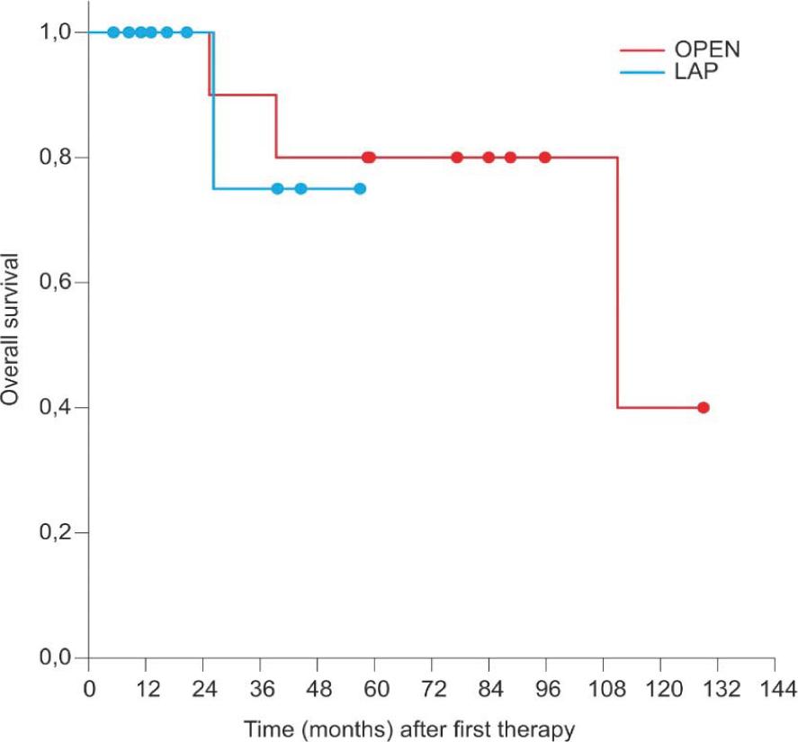Kaplan-Meier estimates of overall survival between the simultaneous laparoscopy (blue line) and open surgery groups (red line).