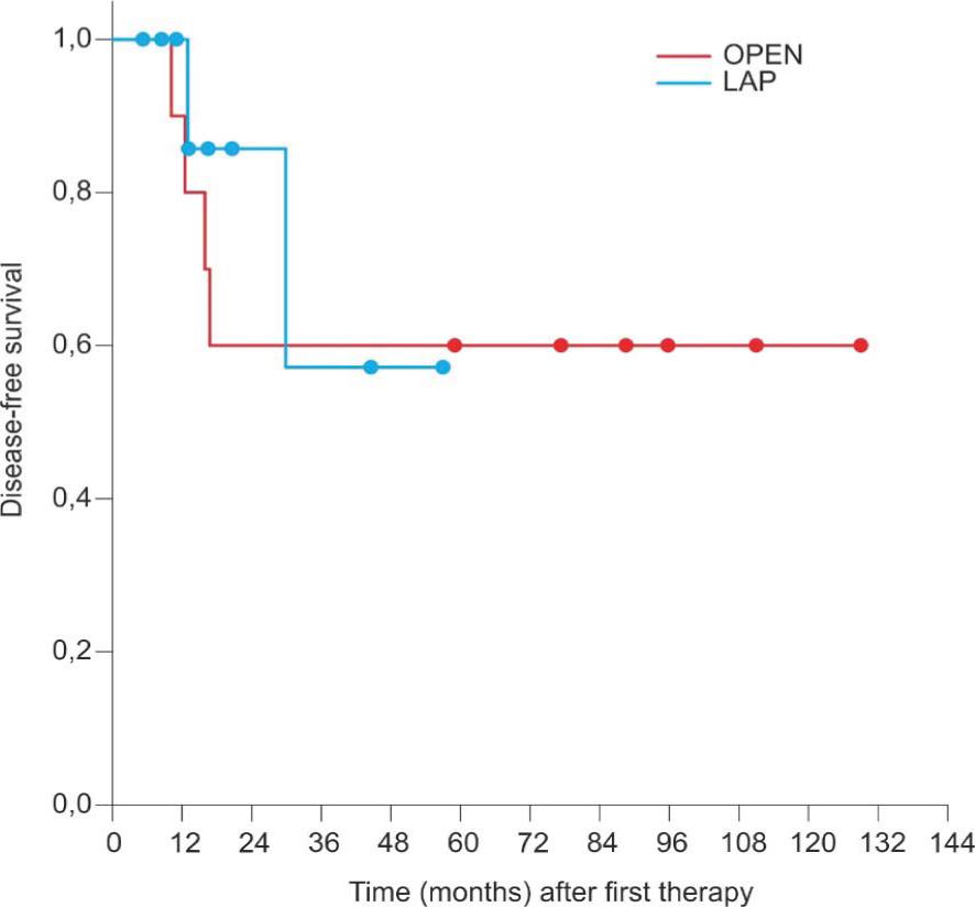 Kaplan-Meier estimates of disease-free survival between the simultaneous laparoscopy (blue line) and open surgery groups (red line).
