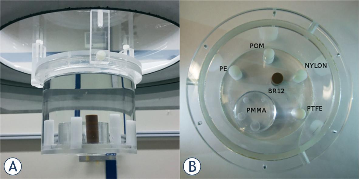 (A) QC phantom fixed at the breast position on the patient support. The upper portion is uniformly filled with water, while the radiographic details are visible in the lower portion. (B) Arrangement of the details at the bottom of the QC phantom. The rods are made of polyethylene (PE), nylon, polyoxymethylene (POM), polytetrafluoroethylene (PTFE), and BR12, a plastic material mimicking the attenuation properties of breast tissue. The structure of the low contrast PMMA insert, exhibiting the five holes of varying diameter, is clearly perceivable.