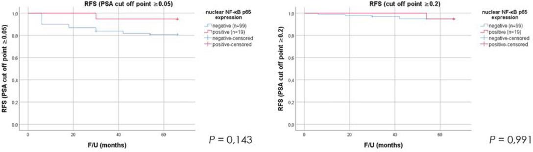 Recurrence-free survival (RFS) in patients with positive and negative nuclear factor-kappa beta (NF-κB) p65 expression status in nucleus (N = 118).