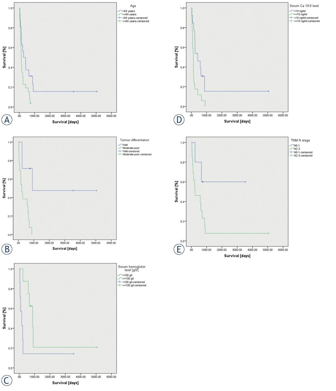 Survival of subgroups. Overall survival according age (A), tumour differentiation (B), serum CA-19 level (C), N stage of TNM (D) and serum haemoglobin (E).
