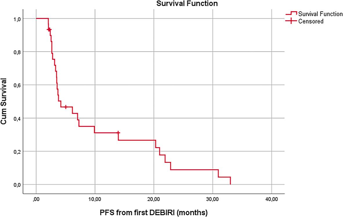 Progression-free survival (PFS) from the beginning of irinotecan-loaded drug-eluting beads (DEBIRI) treatment.