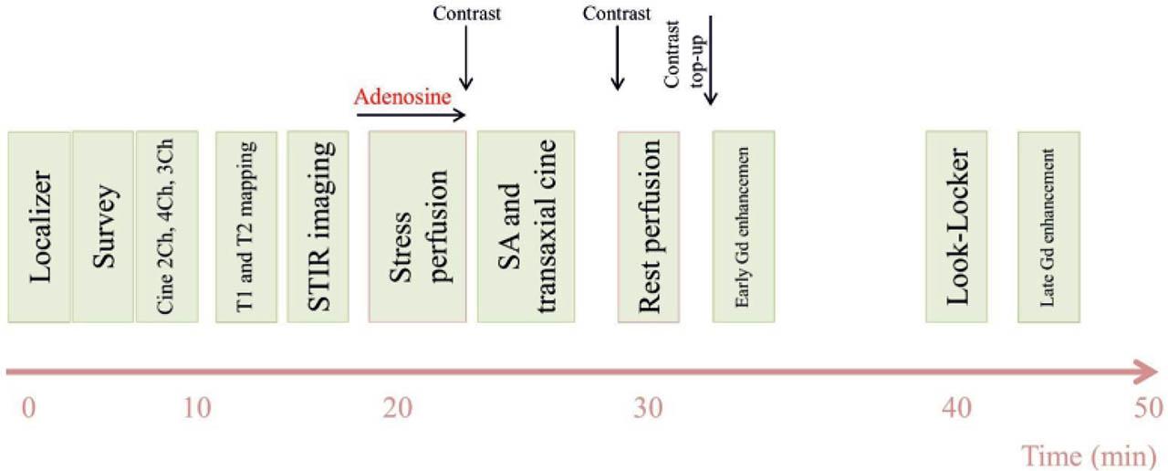 Schematic depiction of our standard stress perfusion CMR protocol.