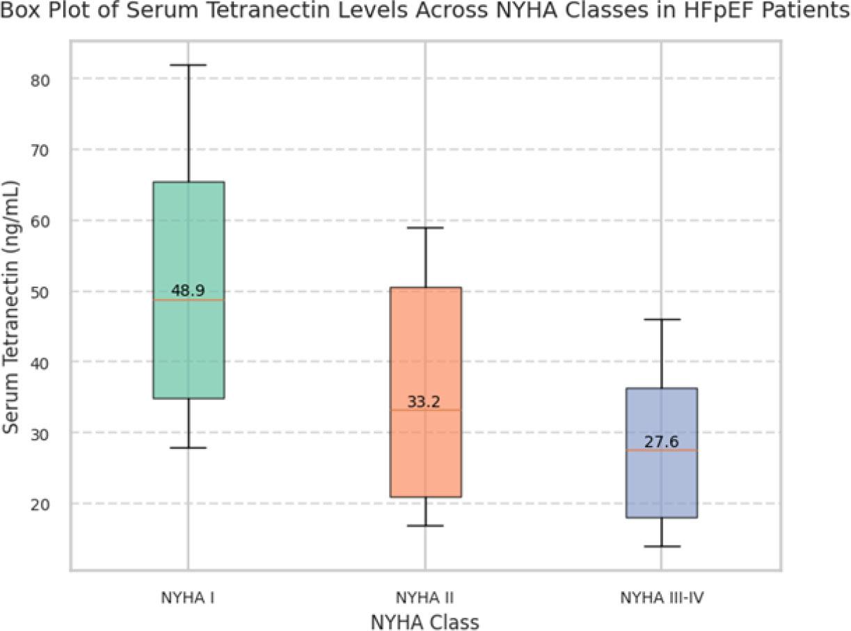 Distribution of Serum Tetranectin by NYHA Class.