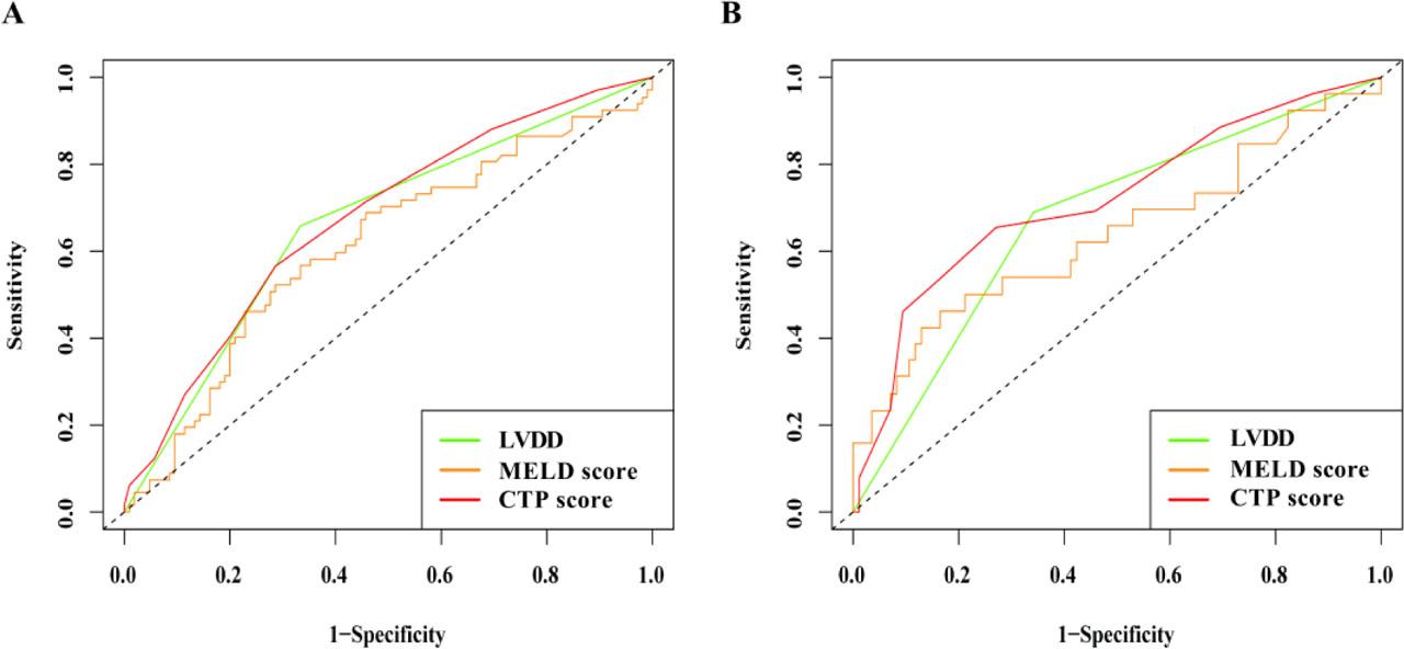 Time-dependent ROC curves showing the efficacy of LVDD in predicting 1-year mortality. (A) Overall participants; (B) Subgroup without hepatic malignancy