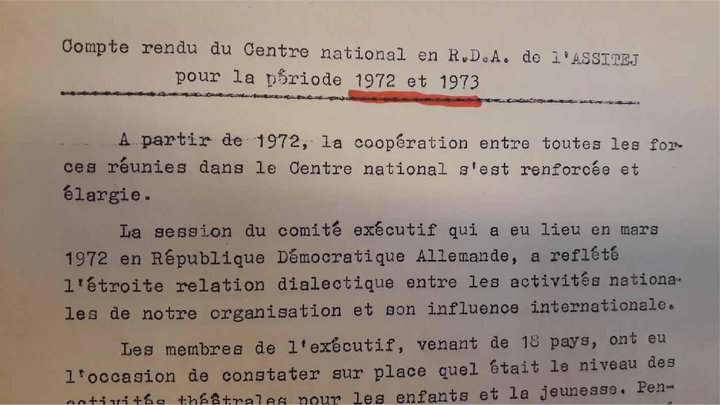 « Compte rendu du Centre national en RDA pour la période 1972 et 1973 », fonds de la Société d’Histoire du Théâtre.