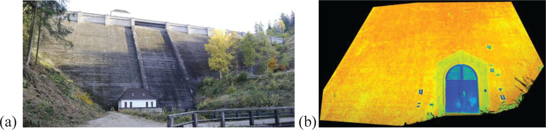 Ecker Dam. (a) Photograph of the structure and (b) results of laser scanning with Leica C10 of downstream surface – station 501 (image of intensity).
