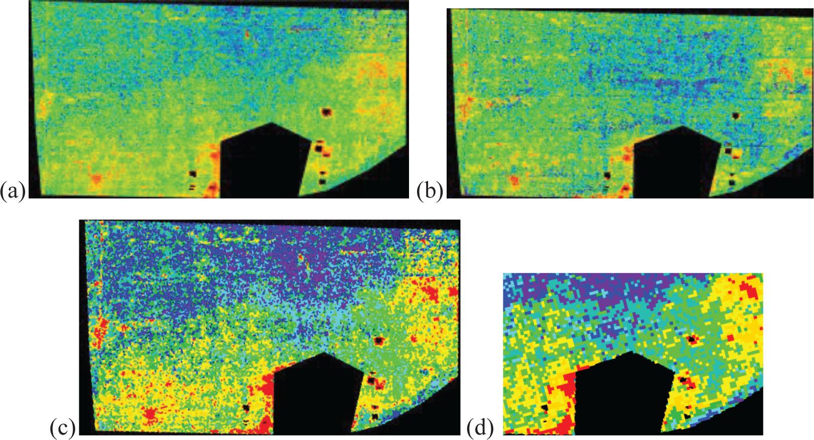 Results of unsupervised classification of intensity value using ISODATA algorithm, Ecker Dam, station 501: (a) Scanner Leica C10, pixel 5 mm × 5 mm; (b) scanner Z+F 5006 h, pixel 5 mm × 5mm; (c) integrated data, pixel 5 cm × 5 cm; (d) integrated data, pixel 10 cm × 10 cm (fragment) clearly visible/legible separate surface areas of concrete surface filled with different material (red colour) and clear concrete (yellow and orange colours).