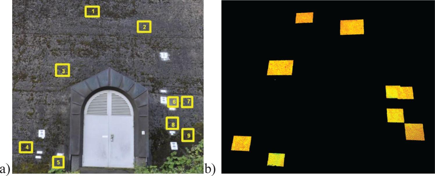 Reference fields Intensity images (with Leica C10, station 501): (a) reference fields marked on the concrete dam’s wall and (b) image of intensity of the reference fields.