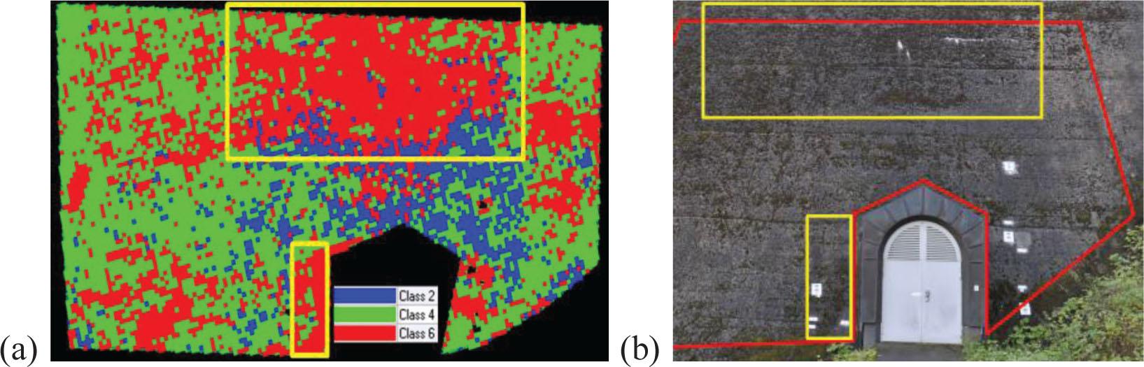 The areas indicated for preservation in station 505: (a) area highlighted with yellow colour was defined using supervised classification results, classes defined as follows: 2 – Class I (clean concrete), 4 – Class II (concrete covered with mosses to small extent), 6 – Class V (infill areas or significant surface erosion);and (b) area designated for preservation marked onthe visible spectrum image.