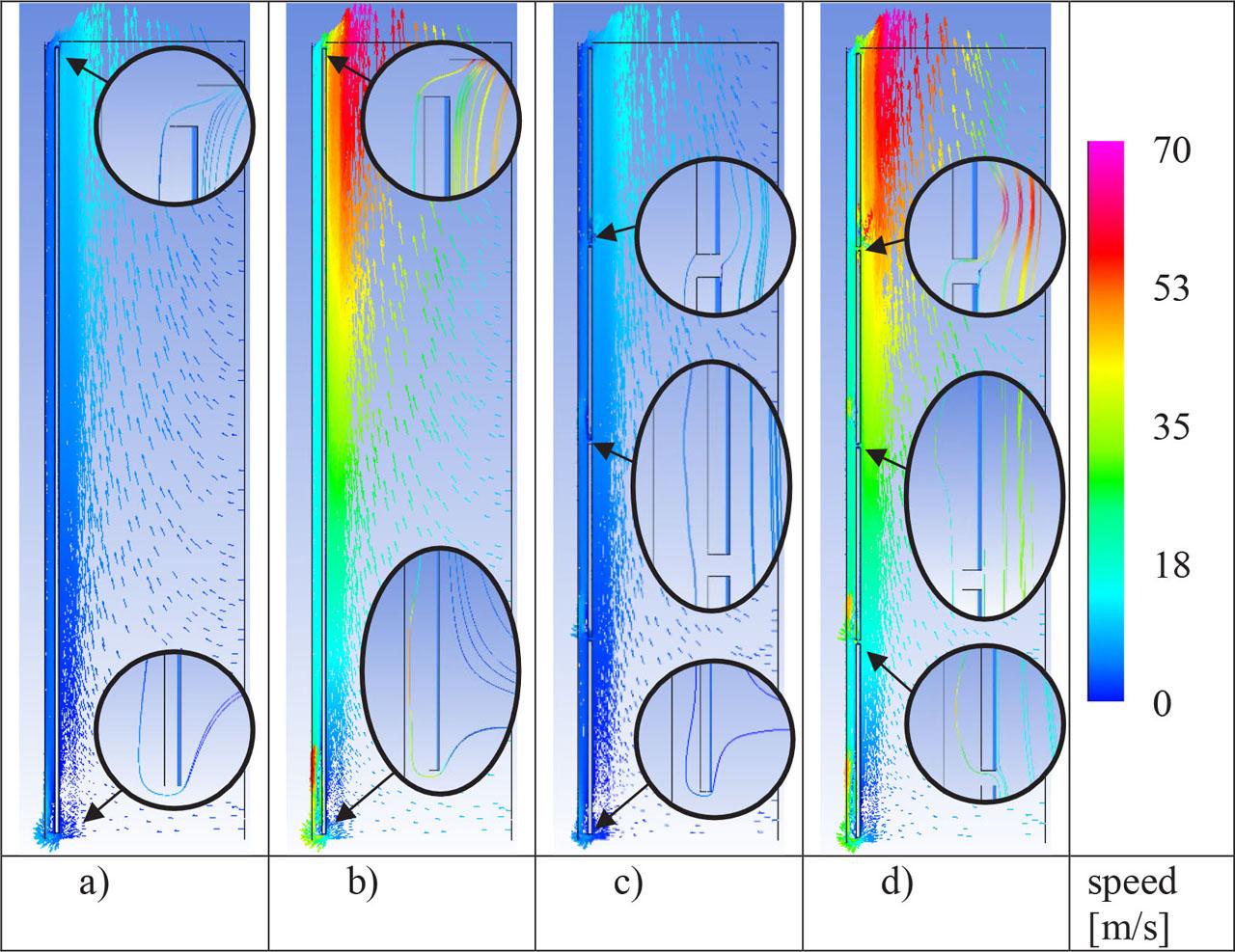 Airflow for individual numerical models: a) closed joint: 2.5 m/s; b) closed joint: 10 m/s; c) open joint: 2.5 m/s; d) open joint: 10 m/s.
