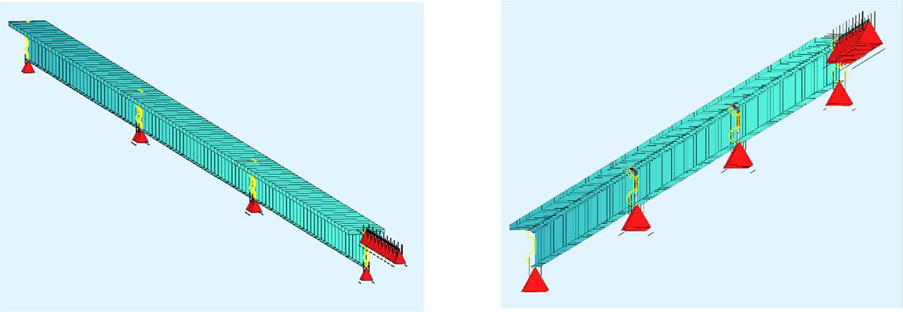 Axonometric views of the numerical model of the structure developed in the SOFiSTiK program.
