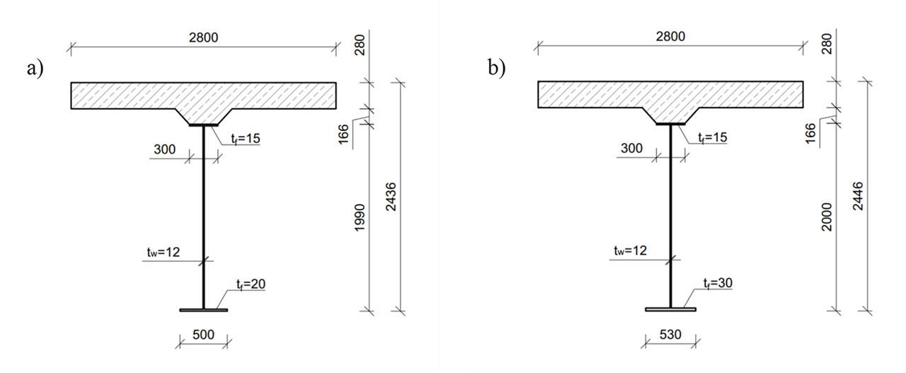Cross sections of the bar elements of the model of the superstructure: (a) cross section – type 1 (near the support), (b) cross section – type 2 (in the middle of the span)