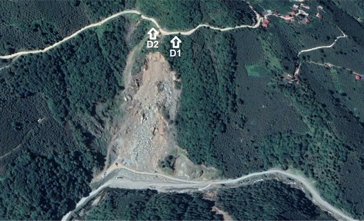 Shown of drilling locations (D1, D2) on the failed Kovanlik quarry.