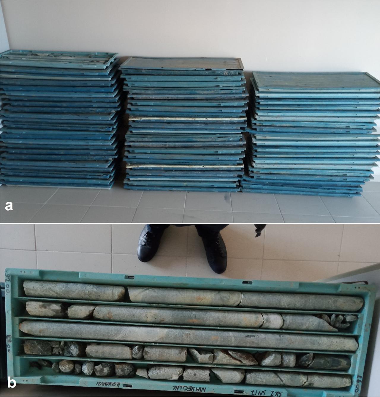 a) Drill cores taken from the Kovanlik quarry and b) investigations of the core samples.