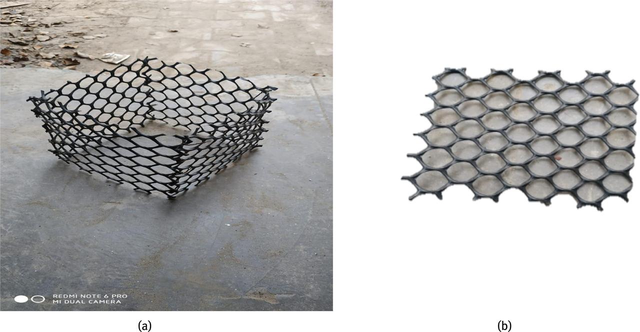 Geogrid used in the experimental study as (a) confiner (b) reinforcement.