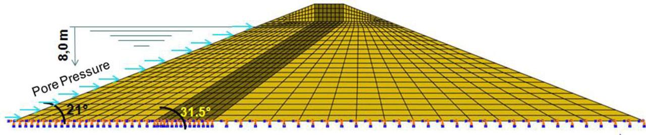 Model geometry and finite element mesh of the embankment with sloping core zone.