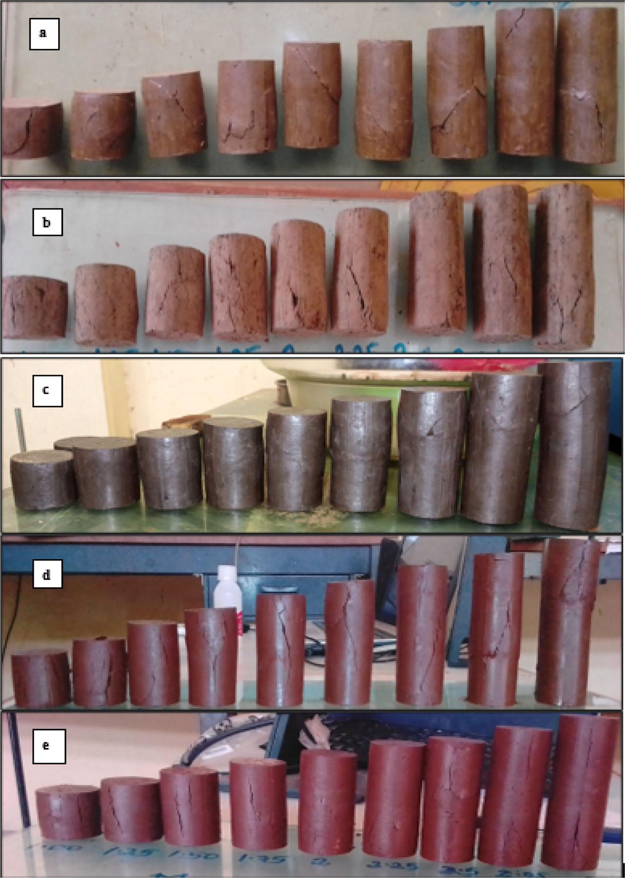 Failure pattern of 38 mm specimen diameter: (a) Ajip, (b) Aweytu, (c) JIT campus, (d) Saris Sefer, and (e) Mariam Church.