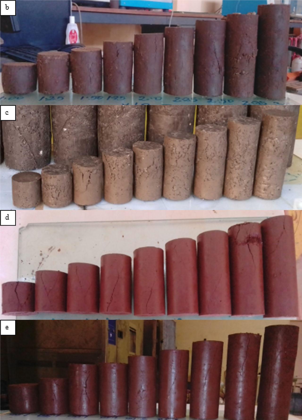 Failure pattern of 50 mm specimen diameter: (a) Ajip, (b) Aweytu, (c) JIT campus, (d) Saris Sefer, and (e) Mariam Church.