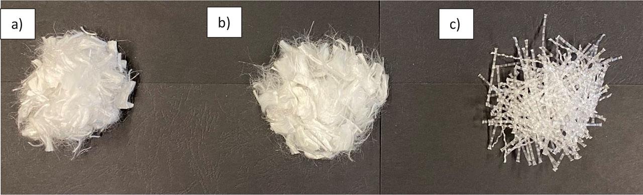 Different lengths (and diameters) of fibres in the amount of 0.2% in reference to the dry mass of the sample that was added to the coarse soil: a) 12 mm (0.030 mm), b) 18 mm (0.034 mm), c) 40 mm (0,90 mm).