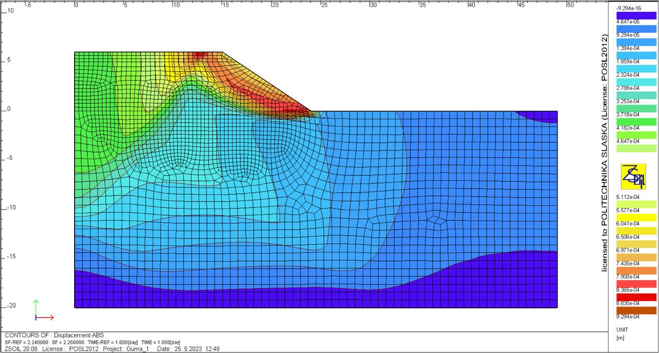 Map of total displacements at the moment of loss of stability of the embankment slope.