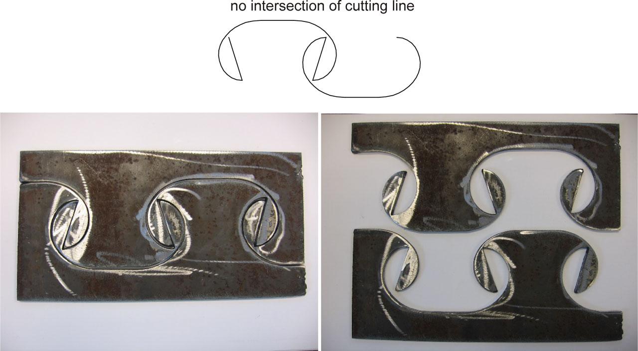 Production technology of the clothoidal symmetrical shape without problems with overheating of the steel (the process results in a shape with a more extensive upper part of the steel dowel compared to the initial CL shape): the idea of cutting line (at the top) and the first-cut sheet fragments delivered by the contractor for acceptance of the technology (pictures taken in Wrocław on 10.17.2008)