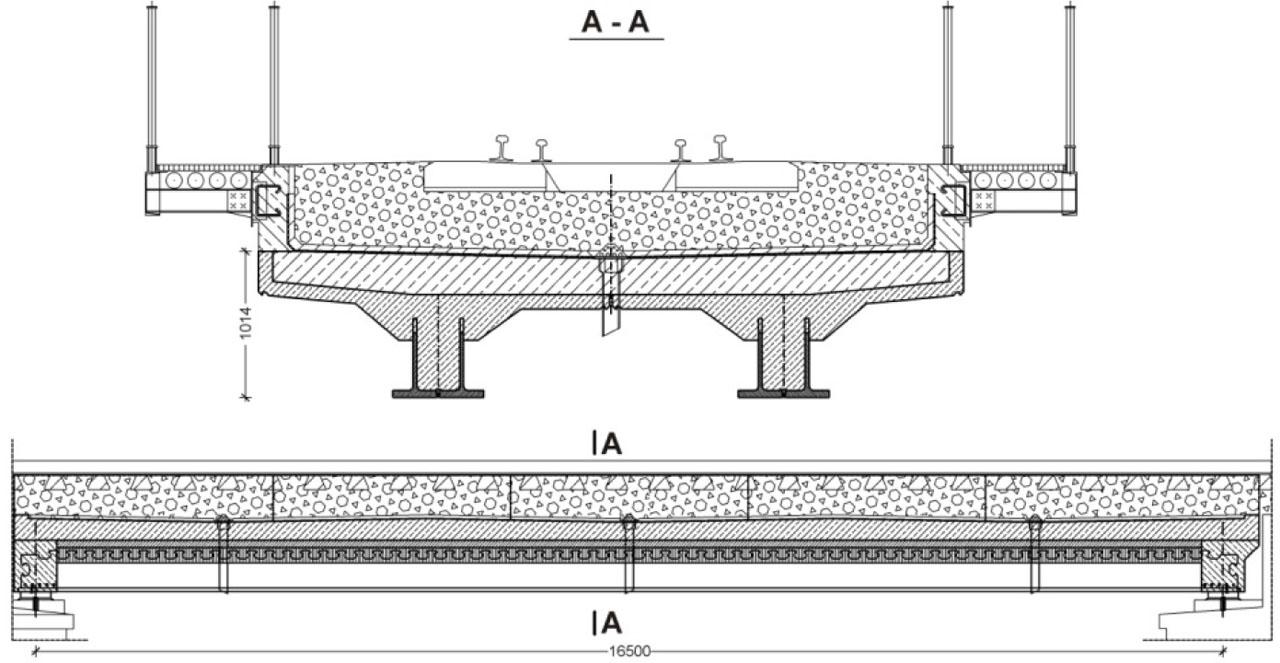 Drawings of composite spans of the innovative “Wierna Rzeka” Bridge in Poland, the first implementation of the clothoidal shape in structural engineering and the first railway bridge using composite dowels (no welding of T-sections).
