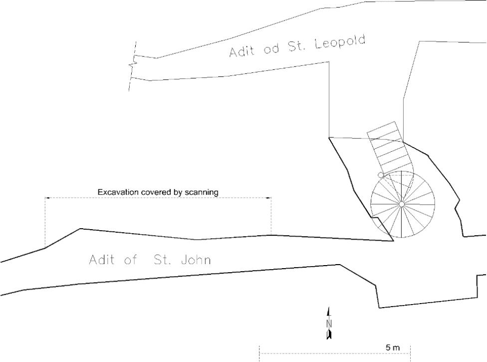 Location of the scanned 7.5-m fragment of the adit on the underground track “St. Johannes” Mine in Krobica. In the vicinity of the measurement site, there is a shaft connecting both adits (St. Leopold below and St John above).